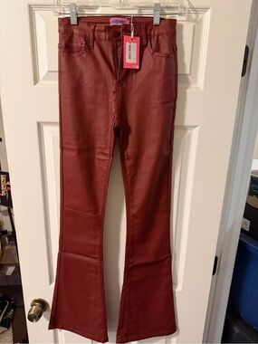 Edikted Burgundy Faux Leather Boot Cut Pants